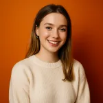 Portrait of a cheerful brunette woman with RankMet brand colors behind her, used for a 5-star review section.