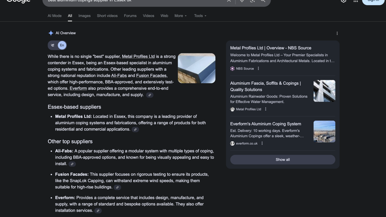 Featured in Google’s AI Overview — ‘Leading Essex-based aluminium coping specialist